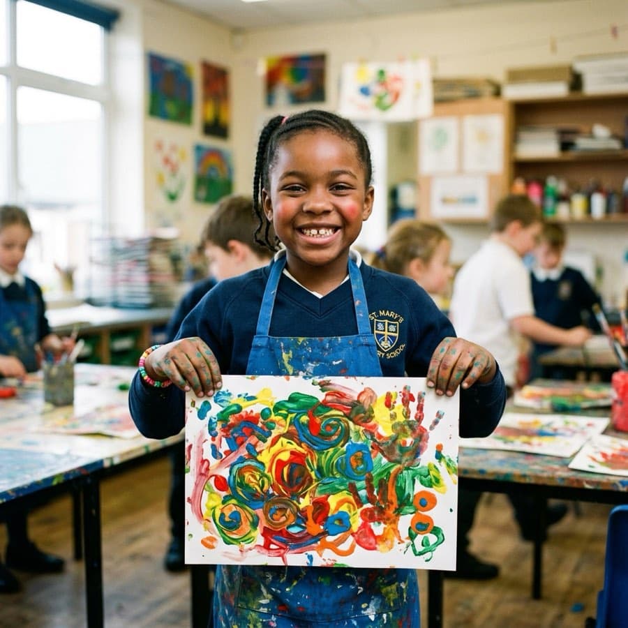 Children proud of their artwork in class
