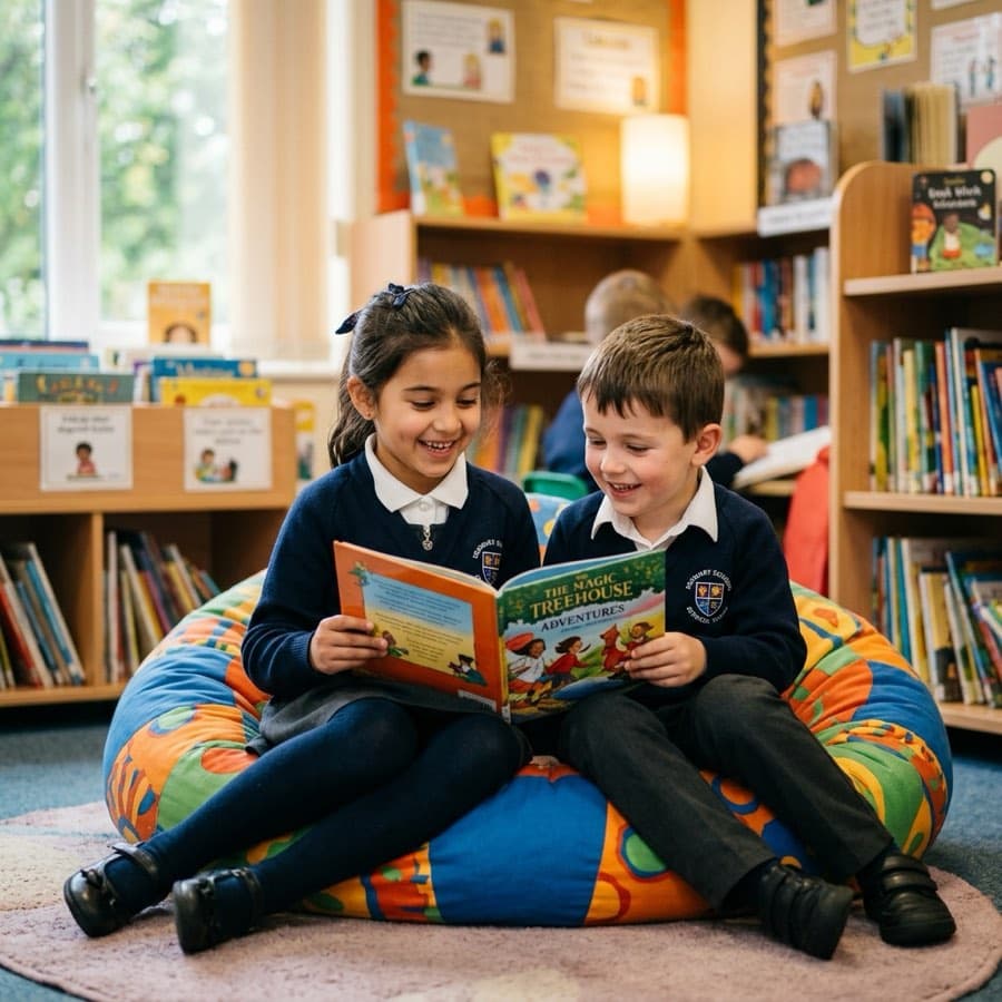 Children reading together in a school library