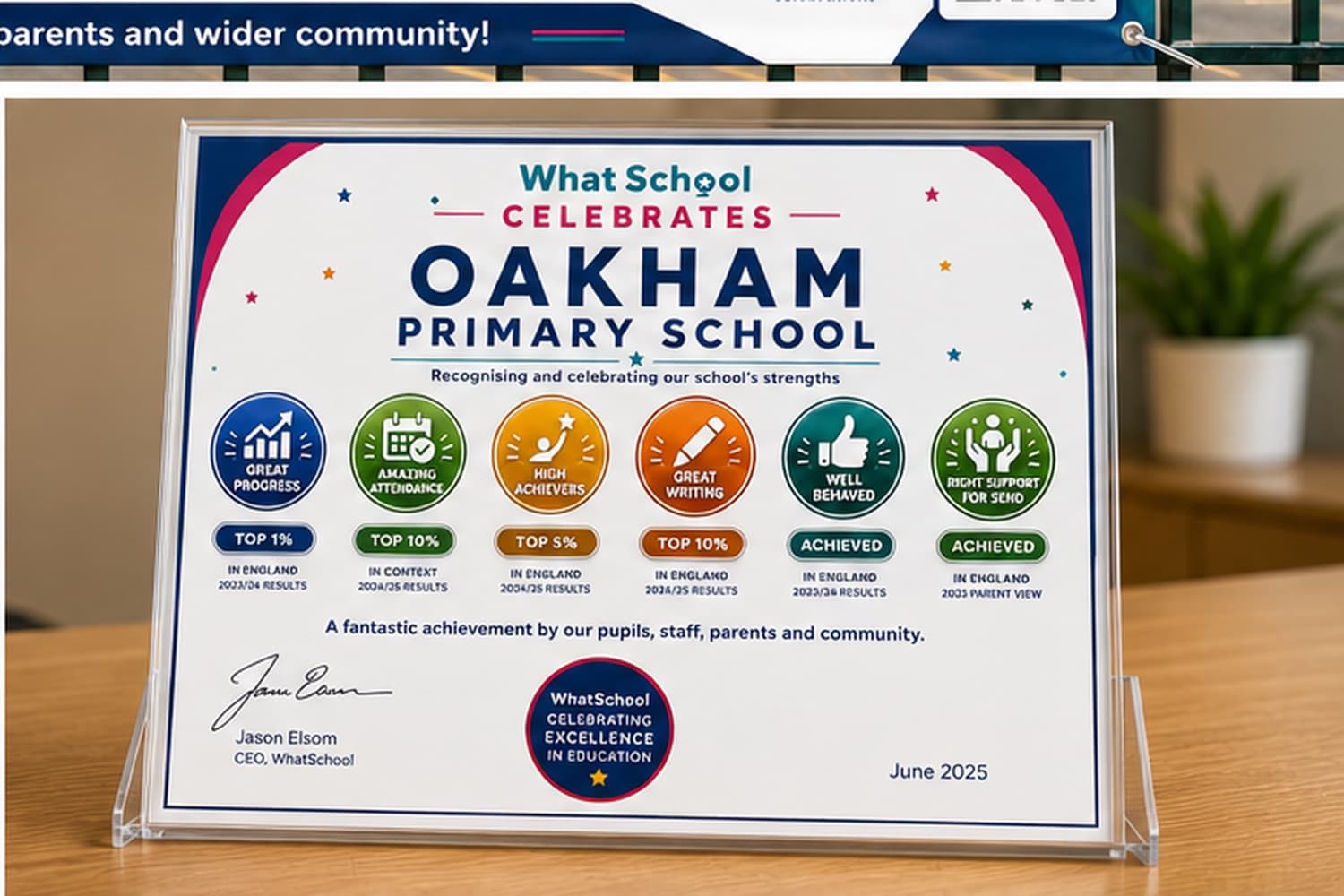 A framed WhatSchool Celebrates certificate for a primary school