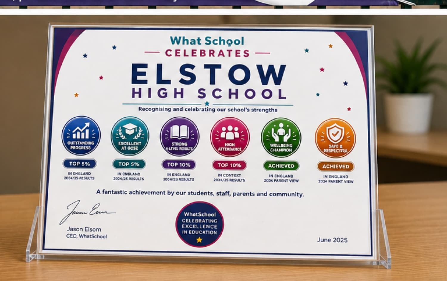A framed WhatSchool Celebrates certificate for a secondary school