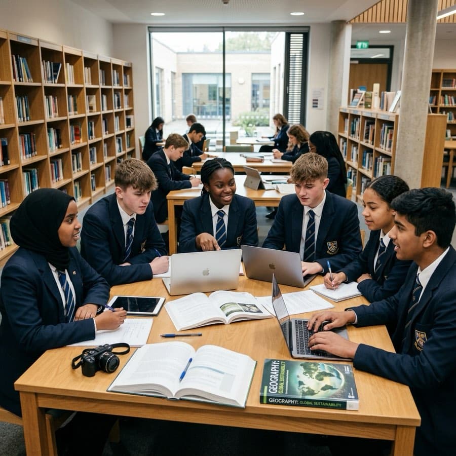 Students studying in a school library