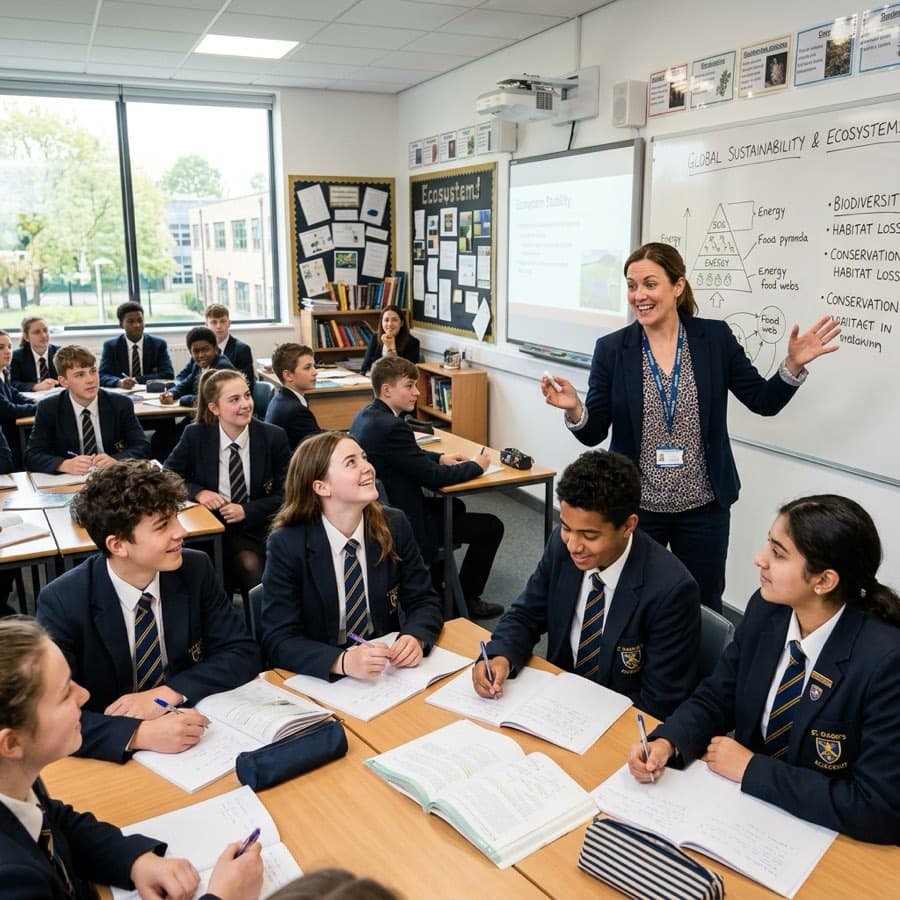 A teacher working with secondary students in class