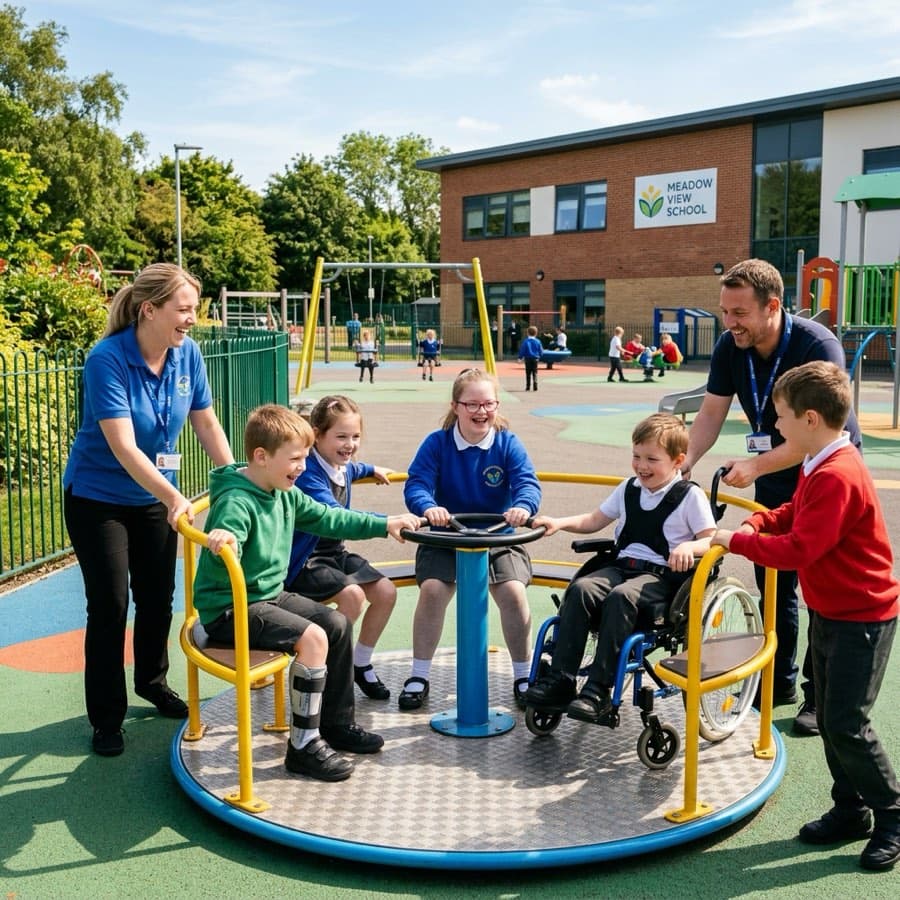 Children enjoying an accessible roundabout together in the playground